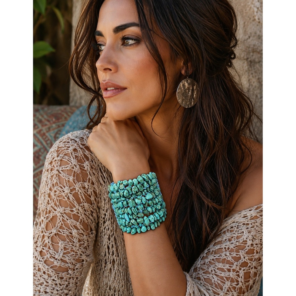 Turquoise Beaded Cuff Bracelet Wide Boho Southwestern Statement Jewelry